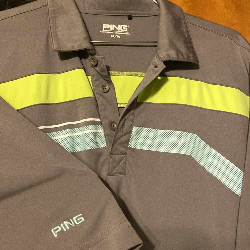 NWOT PING XL “Sensor Cool” Polo/Golf shirt. Grey w/Blue & Lime Green Stripes - Picture 1 of 7